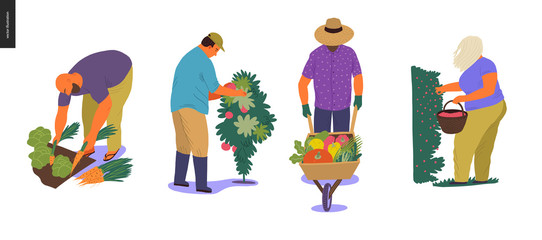Harvesting people - set of vector flat hand drawn illustrations of people doing farming job - watering, gathering, planting, growing and transplant sprouts, self-sufficiency and harvesting concept