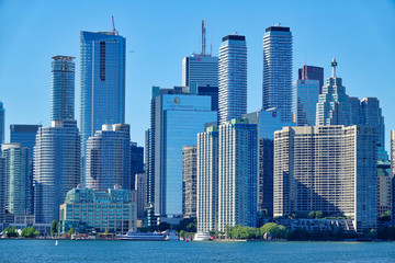Fototapeta na wymiar Toronto, Ontario, Canada-20 June, 2018: Toronto financial district skyline view from Ontario Lake