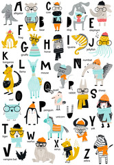 Cute vector zoo alphabet poster with latin letters and cartoon animals. Set of kids abc elements in scandinavian style - 215552226