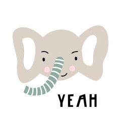 Yeah - Cute hand drawn nursery poster with cool elephant animal character and lettering in scandinavian style.