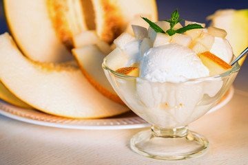 Vanilla ice cream with pieces of fresh melon close