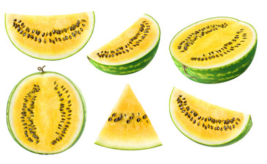 Isolated watermelon collection. Pieces of yellow watermelon fruit isolated on white background with...