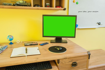 back to school / desk with equipment for schools and whiteboard
