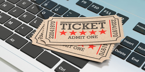 Cinema old type tickets isolated on a laptop background, 3d illustration.
