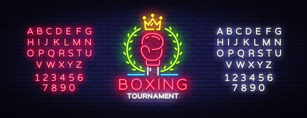 Boxing neon sign design vector template. Boxing Tournament Night Logo, Bright Neon Signboard, Design Element for Sports, Fight Night Neon, Bright Night Advertising. Vector. Editing text neon sign