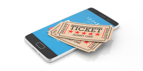 Cinema old type tickets isolated on a smartphone on a white background, 3d illustration.