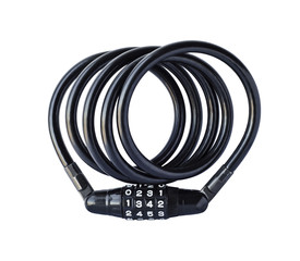 Bicycle braided steel cable with number combination isolated on white background. Sport equipment...