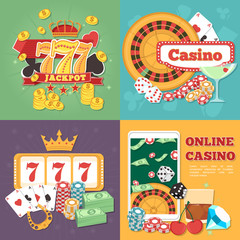 set of banner Online Casino Concept with dice, golden coins, crown, cards, slots 777 banner and chips.. Poker and jackpot win, gambling game web, gamble play illustration