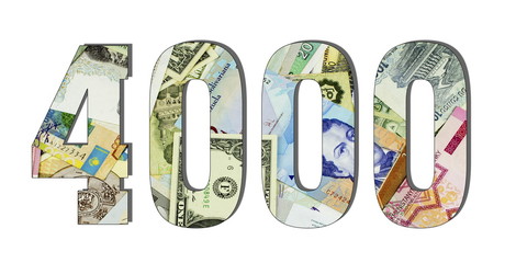 4000 Different Worlds Banknotes. Background for business. Money concept White isolated