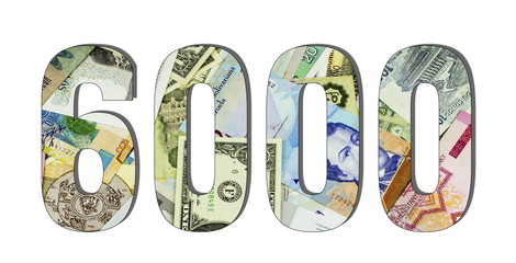 6000 Different Worlds Banknotes. Background for business. Money concept White isolated