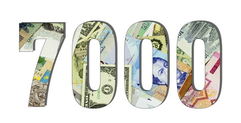 7000 Different Worlds Banknotes. Background for business. Money concept White isolated