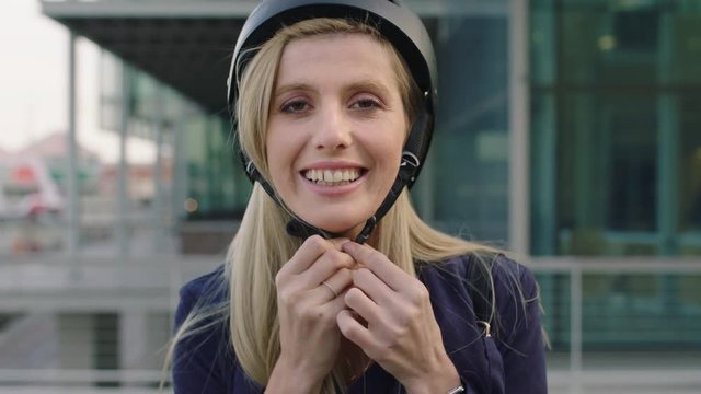 attractive young blonde woman portrait of cute business intern wearing safety helmet looking silly playful in city