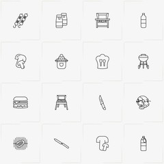 Barbecue line icon set with cooker hat, ramrod and barbecue stand