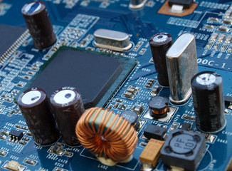 close up of electronic  elements on motherboard