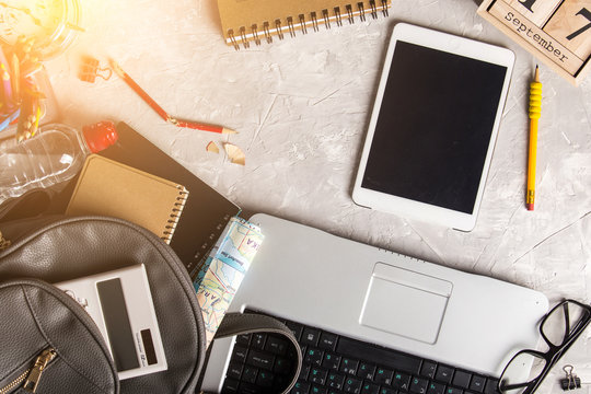 Back To School. Different Supplies On Desk