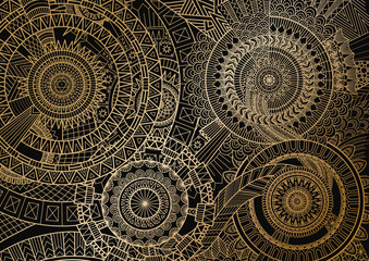 Mandala movement in golden lines on black background. Vector illustration