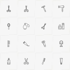 Barbershop line icon set with comb, scissor and barbershop chair