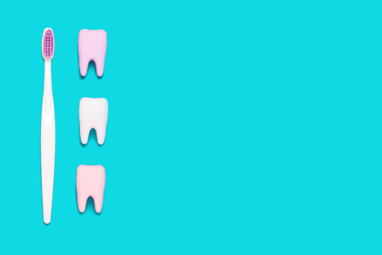 Big teeth on blue and pink background. Minimal