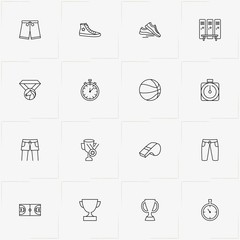 Basketball line icon set with sneakers, whistle and medal
