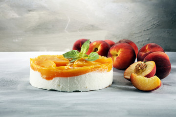 cheesecake with peache. Homemade cream cake with peaches