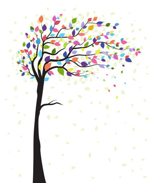 Vector illustration of a natural background with tree and colorful leaves. Autumn