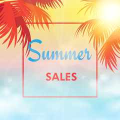 Summer sales background with palm tree leaves. Vector