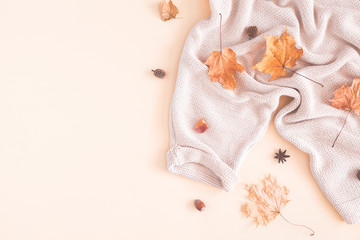 Autumn composition. Women fashion sweater, dried leaves on pastel beige background. Autumn, fall concept. Flat lay, top view, copy space