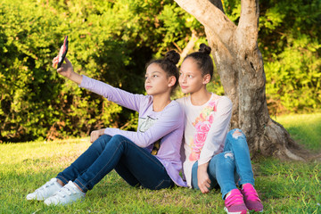 Sweet girls  make selfie on a phone.Two pretty  teenage girls friends  taking selfie in a park outdoor in sunny day. Urban background. We love selfie photo.