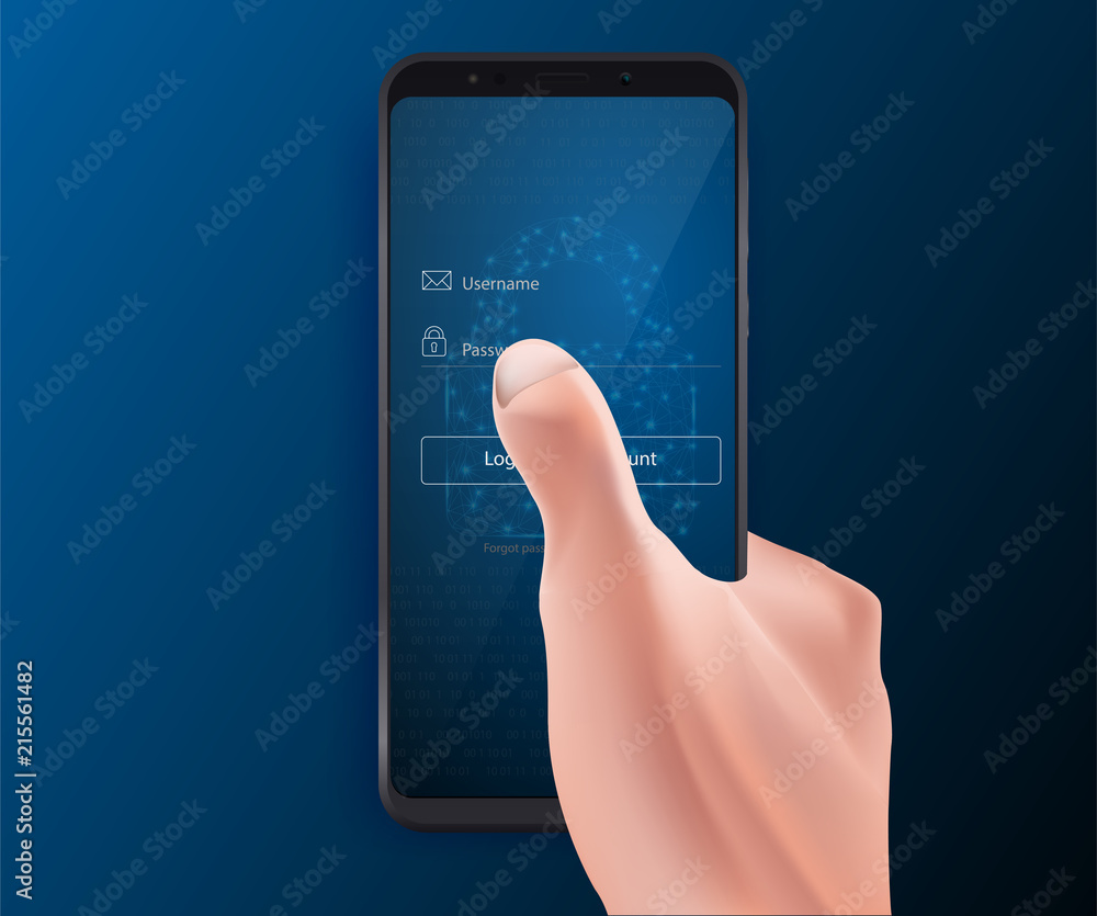 Poster login to mobile app, cybersecurity, private access with username and password to personal data. vect