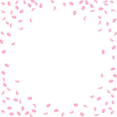 Fototapeta na wymiar Sakura petals falling down. Romantic pink silky small flowers. Sparse flying cherry petals. Circle f