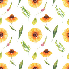 Watercolor seamless pattern with orange wild flowers