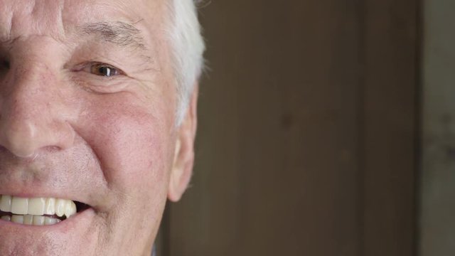 close up portrait of handsome elderly man smiling happy enjoying successful lifestyle satisfaction looking at camera on wooden background half face