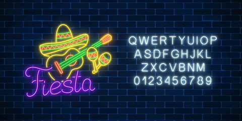Glowing neon fiesta holiday sign with alphabet. Mexican festival flyer design with guitar, maracas and sombrero hat.