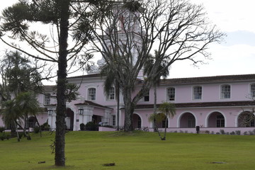 Fototapeta na wymiar Construção rosa com gramado verde