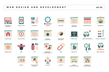 Web design and development. Set of pixel-perfect icons. Flat color style. Variety of unique visual metaphors suitable for wide range of uses. - obrazy, fototapety, plakaty