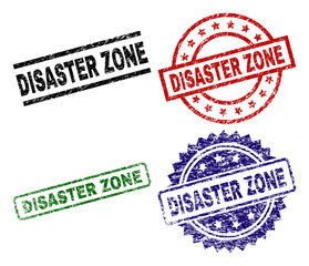 DISASTER ZONE seal imprints with damaged texture. Black, green,red,blue vector rubber prints of DISASTER ZONE caption with corroded texture. Rubber seals with round, rectangle, medal shapes.