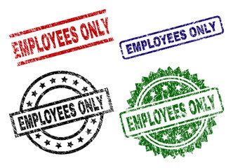 EMPLOYEES ONLY seal prints with corroded texture. Black, green,red,blue vector rubber prints of EMPLOYEES ONLY text with scratched texture. Rubber seals with round, rectangle, medal shapes.