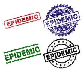 EPIDEMIC seal prints with distress surface. Black, green,red,blue vector rubber prints of EPIDEMIC text with corroded surface. Rubber seals with round, rectangle, medallion shapes.