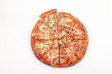 Pizza BBQ with bacon, chicken and cheese on a white background. Isolate. View from the top