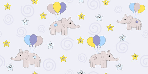 Seamless pattern with cartoon elephants flying on balloons. Vector illustration of a cartoon elephant. Print the child.