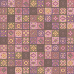 Vector square Indian ornaments brown yellow pink ceramic tiles floral vegetable mosaic oriental folk hand maid pattern seamless pattern.