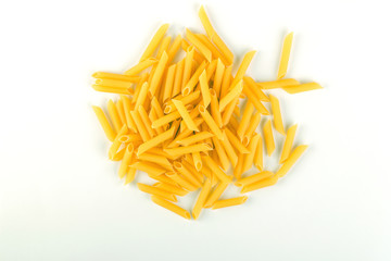 Raw italian penne rigate pasta isolated on white background