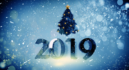 New Year 2019. New Year's poster, background with a volume inscription. 3d rendering. Dark bokeh background, magic dust, light effect, rays. Christmas tree