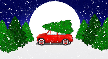 Panorama of the forest, snow, night view. A red car is driving a Christmas tree for a Christmas holiday. Winter illustration, banner. 2019