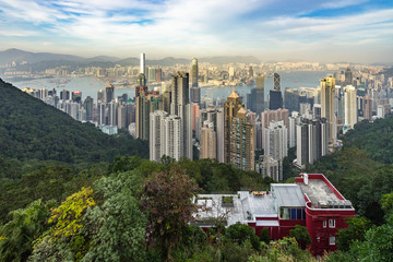 Panoramic view of Hong Kong and Victoria harbour from Victoria Peak