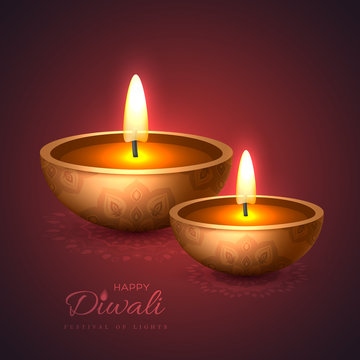 Diwali diya - oil lamp. Holiday design for traditional Indian festival of lights. 3D realistic style on rangoli purple background, vector illustration.