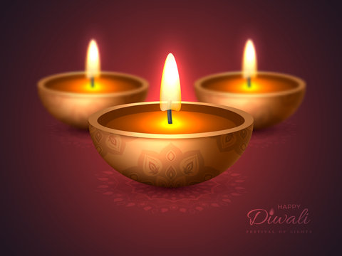 Diwali diya - oil lamp. Holiday design for traditional Indian festival of lights. 3D realistic style with blur effect on rangoli purple background, vector illustration.