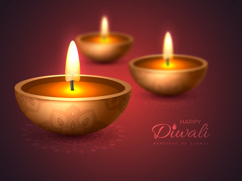 Diwali diya - oil lamp. Holiday design for traditional Indian festival of lights. 3D realistic style with blur effect on rangoli purple background, vector illustration.