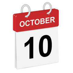 Daily single-leaf calendar, red spine, 3d, month of October,tenth day,10th.Vector,illustration