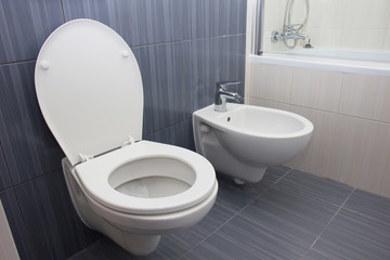 Modern white wc and bidet bowl in bathroom toilet close up